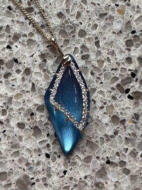 Alexis Bittar Blue Lucite & Crystal Pendant Necklace Gold Tone